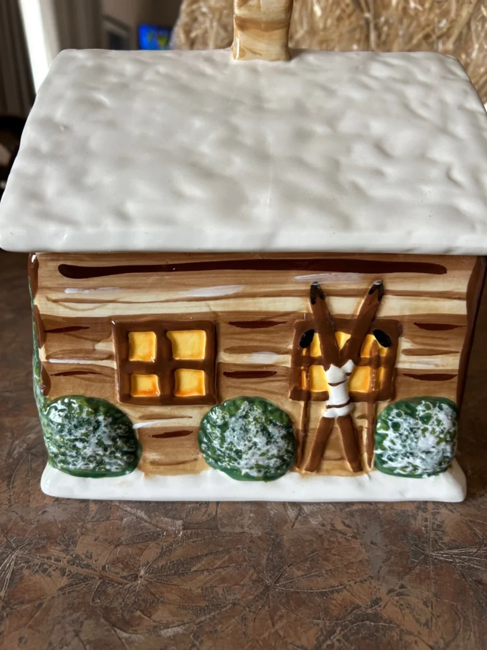 Hand Painted Sweet Log Cabin Home Ceramic Cookie Jar